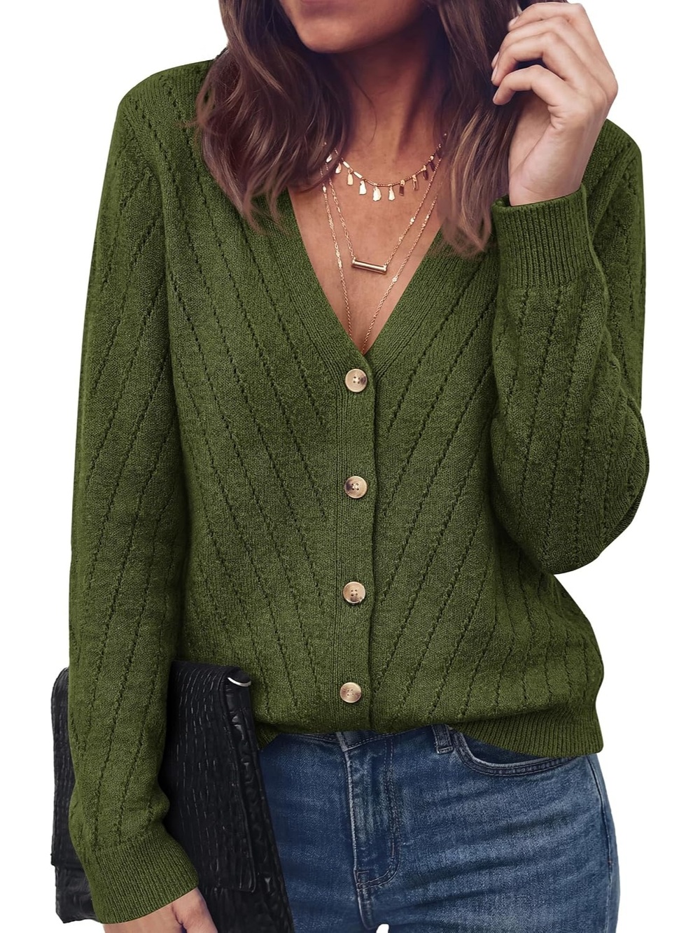 🆕 Women's Army Green V Neck Long Sleeve Button Front Cozy Knit Cardigan Sweater